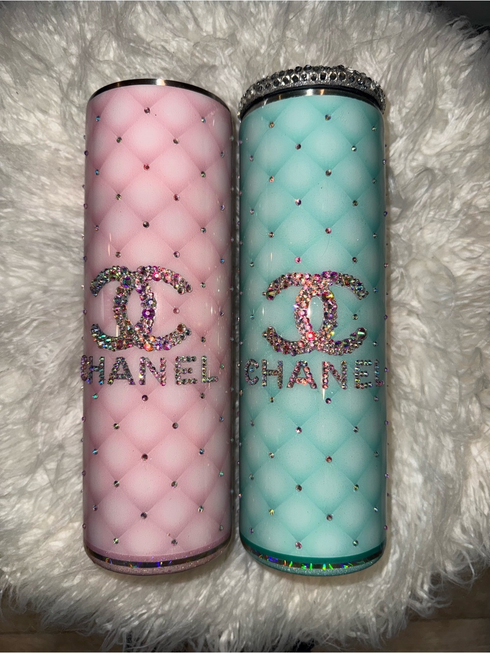 CHANEL Rhinestone Quilted Stainless Steel Tumblers- Pink and Mint